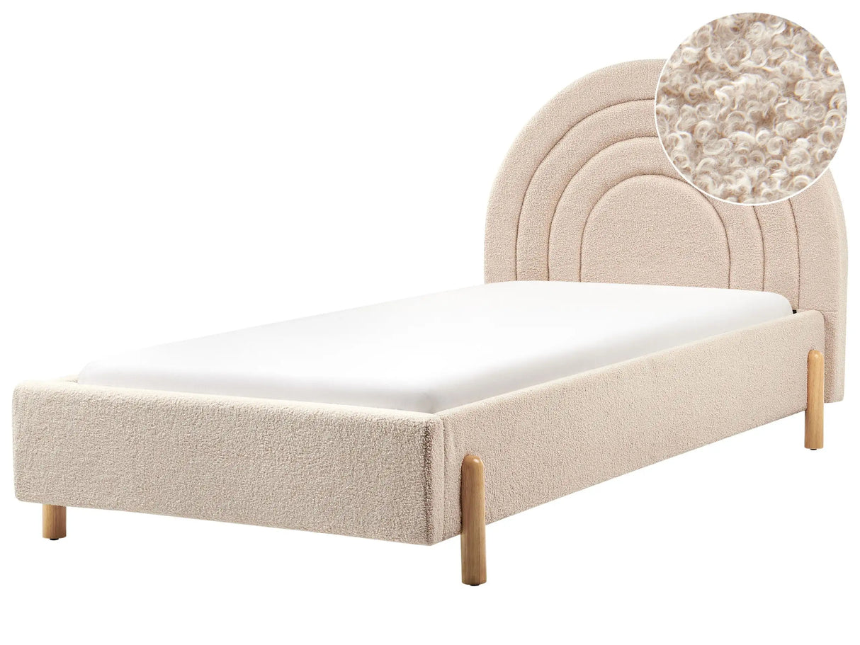 Bed Beige Boucle EU Single Size 3ft Slatted Base Wooden Legs Minimalist Retro Design Half-Round Headboard Beliani