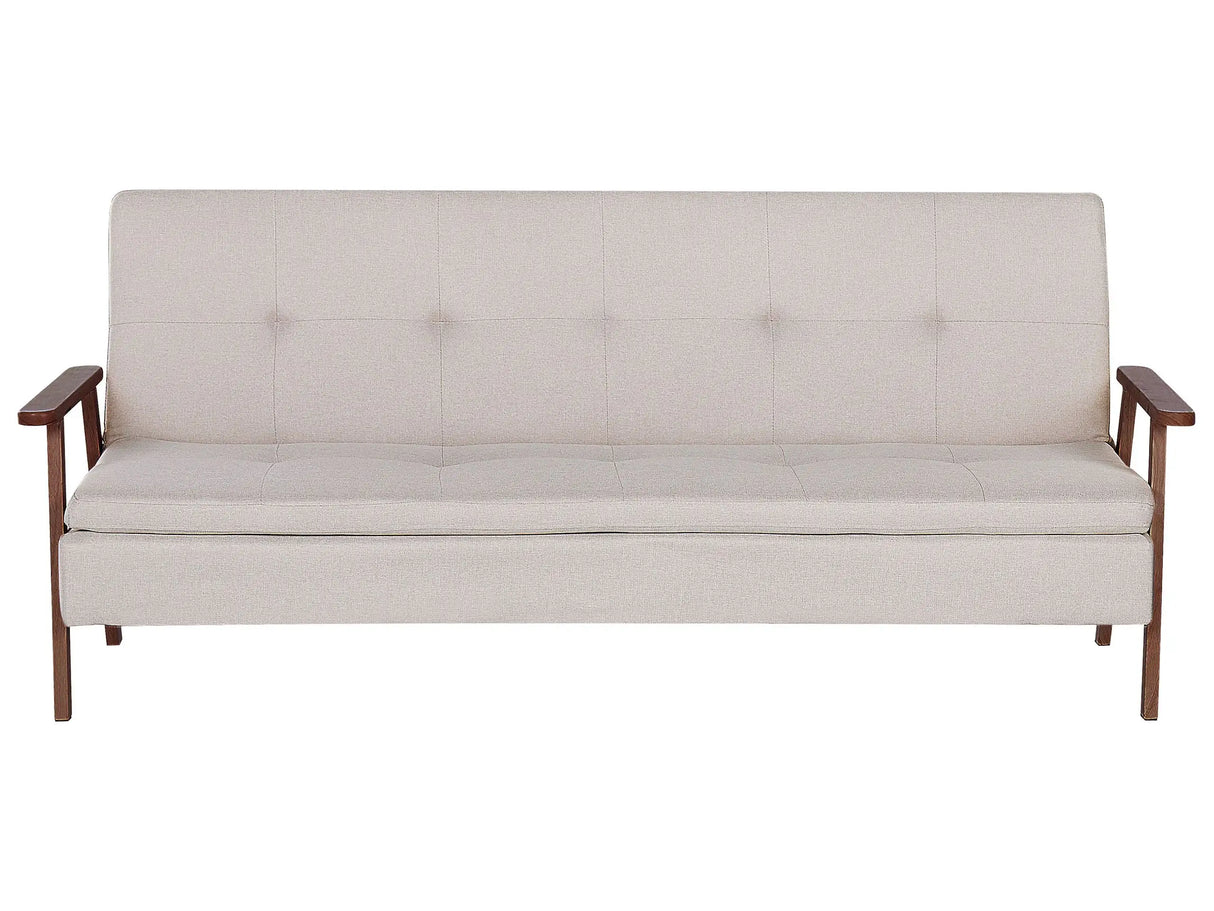 Sofa Bed Beige Fabric wirh Dark Wood Armrests Upholstered 3 Seater Click Clack Bed Wooden Frame Beliani