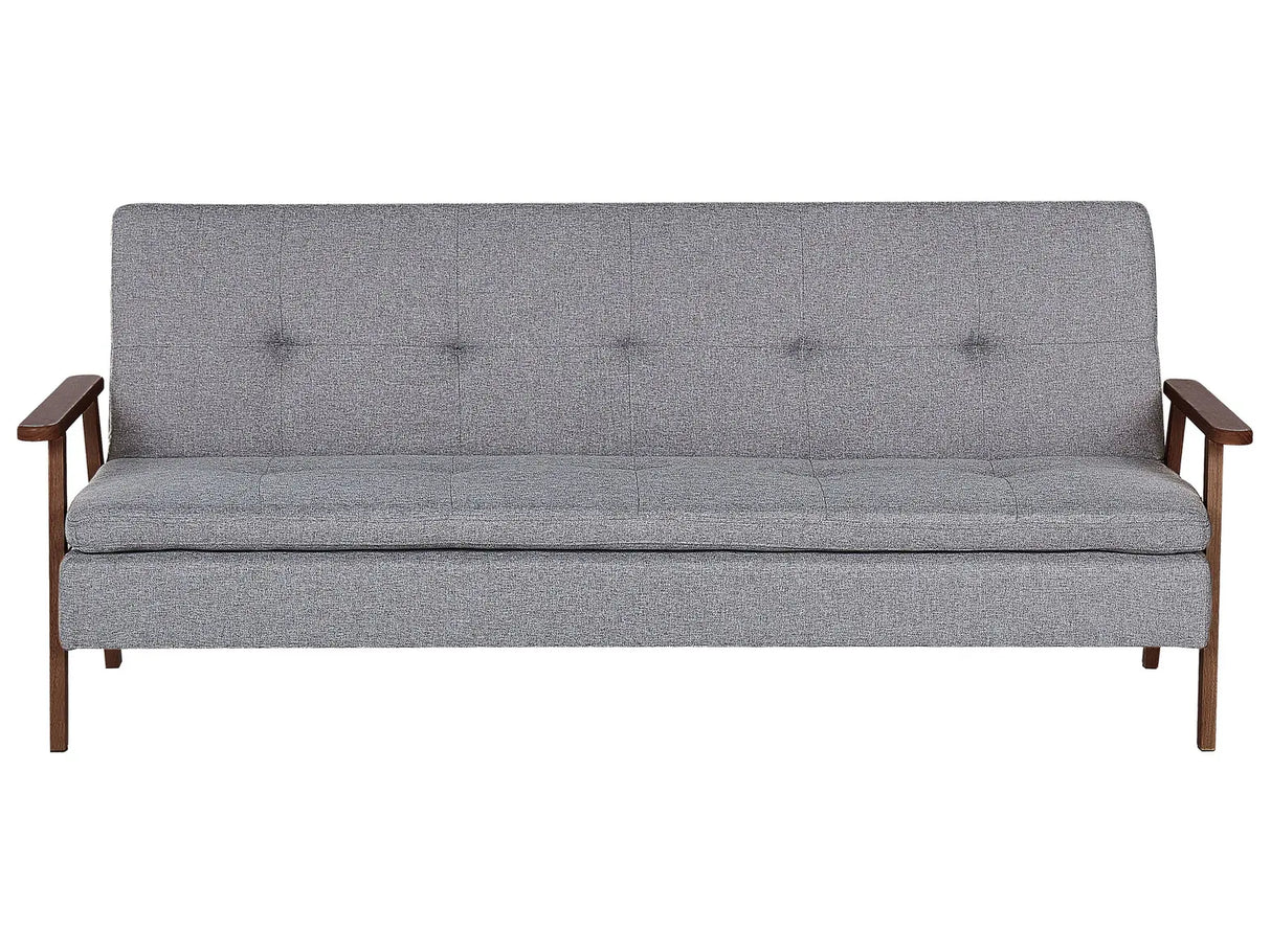 Sofa Bed Light Grey Fabric wirh Dark Wood Armrests Upholstered 3 Seater Click Clack Bed Wooden Frame Beliani