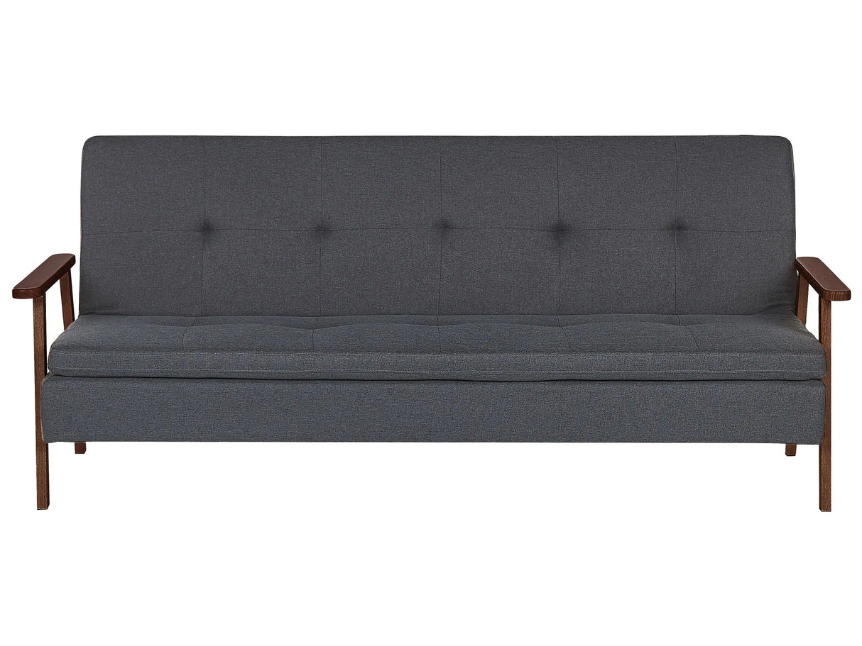 Sofa Bed Dark Grey Fabric wirh Dark Wood Armrests Upholstered 3 Seater Click Clack Bed Wooden Frame Beliani