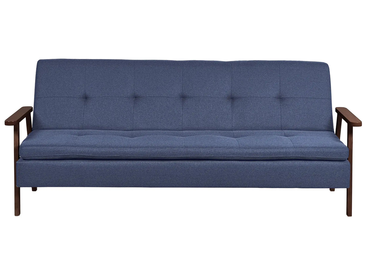 Sofa Bed Navy Blue Fabric wirh Dark Wood Armrests Upholstered 3 Seater Click Clack Bed Wooden Frame Beliani