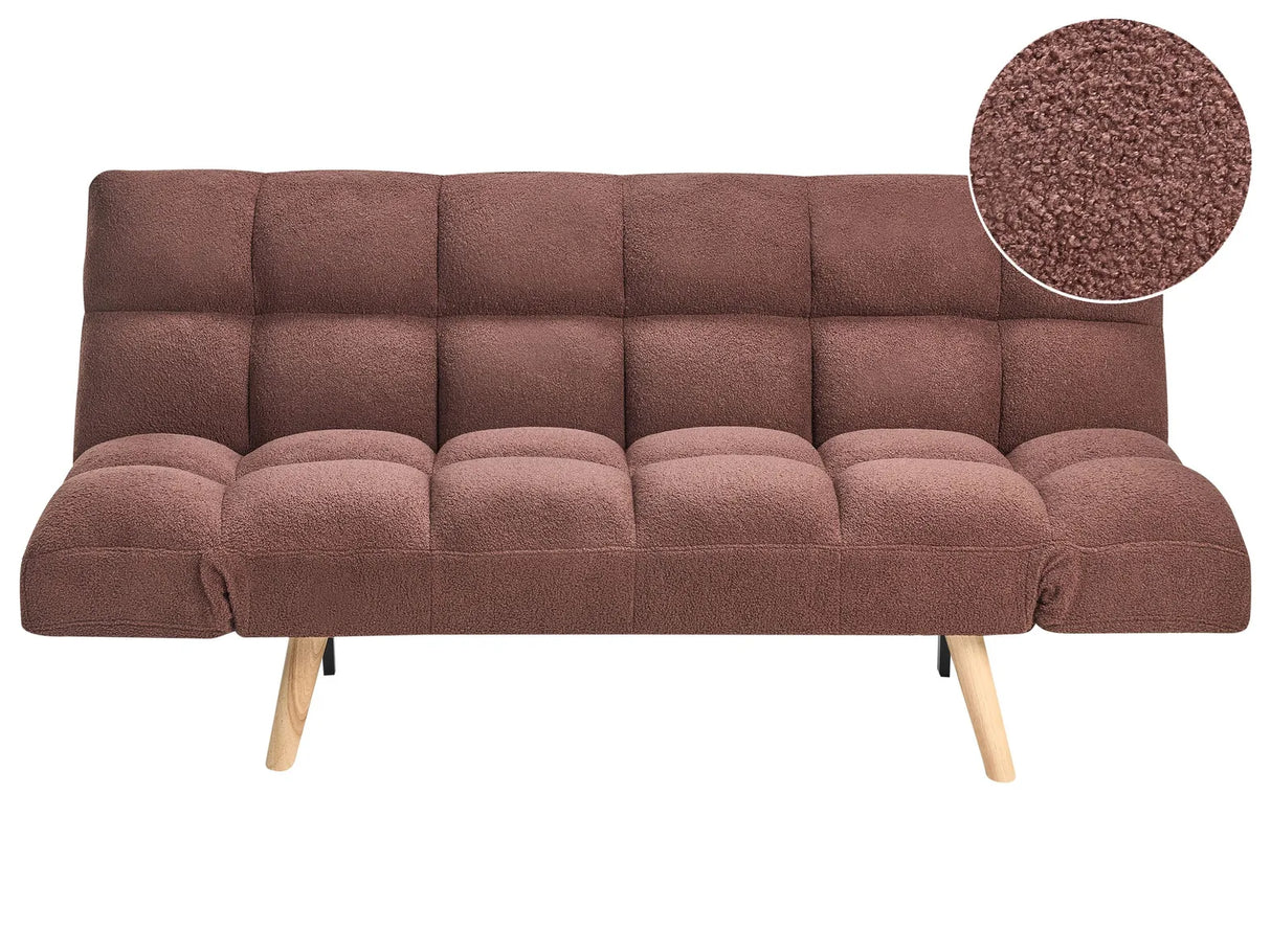 Sofa Bed Brown Boucle Fabric Upholstered 2 Seater Reclining Backrest Square Quilted Beliani