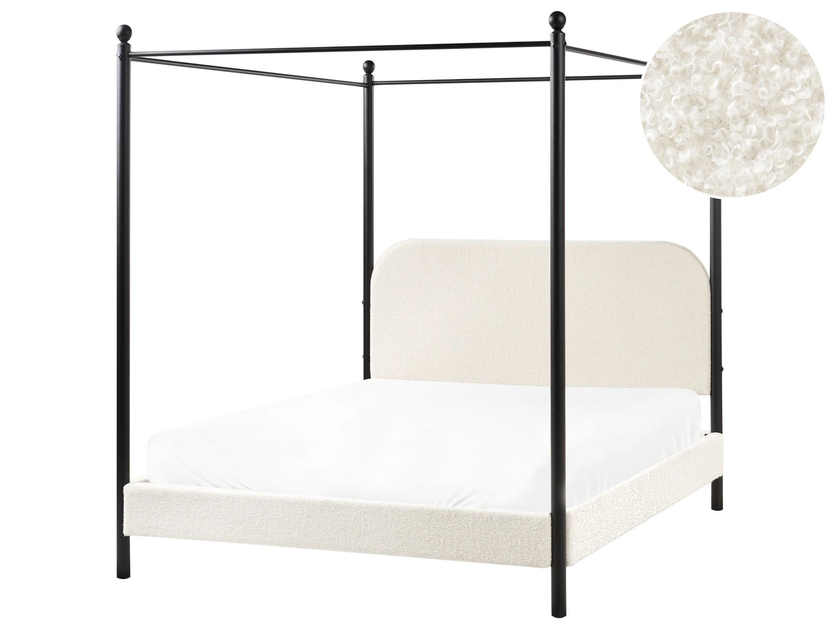 Canopy Bed Frame Black Metal Off-White Boucle Upholstery 140 x 200 cm EU Double Size Retro Minimalist Beliani