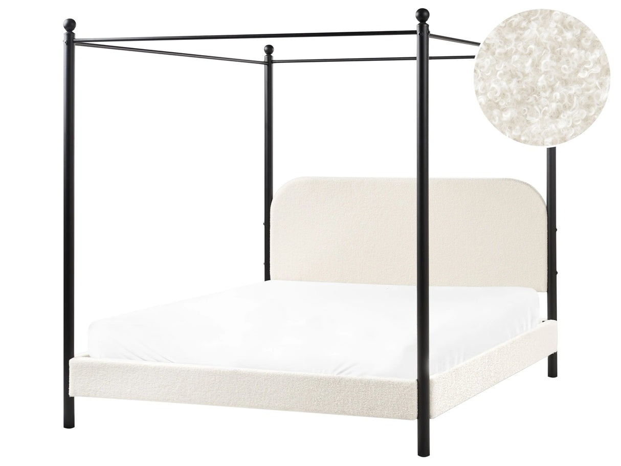 Canopy Bed Frame Black Metal Off-White Boucle Upholstery 160 x 200 cm EU King Size Retro Minimalist Beliani