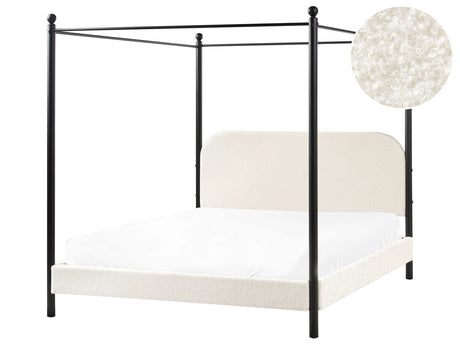 Canopy Bed Frame Black Metal Off-White Boucle Upholstery 160 x 200 cm EU King Size Retro Minimalist Beliani