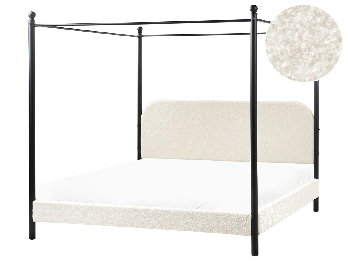 Canopy Bed Frame Black Metal White Boucle Upholstery 180 x 200 cm EU Super King Size Retro Minimalist Beliani