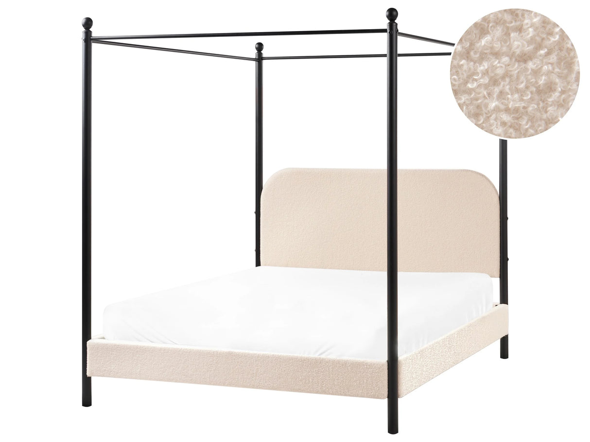 Canopy Bed Frame Black Metal Beige Boucle Upholstery 140 x 200 cm EU Double Size Retro Minimalist Beliani