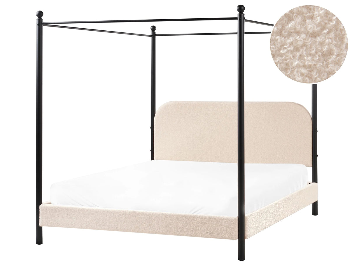 Canopy Bed Frame Black Metal Beige Boucle Upholstery 160 x 200 cm EU King Size Retro Minimalist Beliani