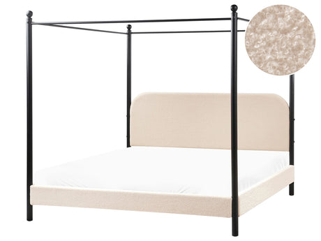 Canopy Bed Frame Black Metal Beige Boucle Upholstery 180 x 200 cm EU Super King Size Retro Minimalist Beliani