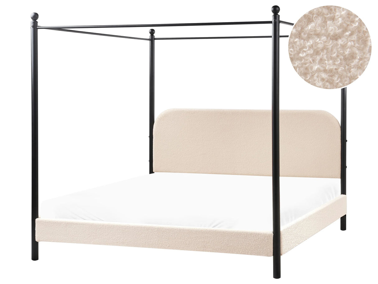 Canopy Bed Frame Black Metal Beige Boucle Upholstery 180 x 200 cm EU Super King Size Retro Minimalist Beliani