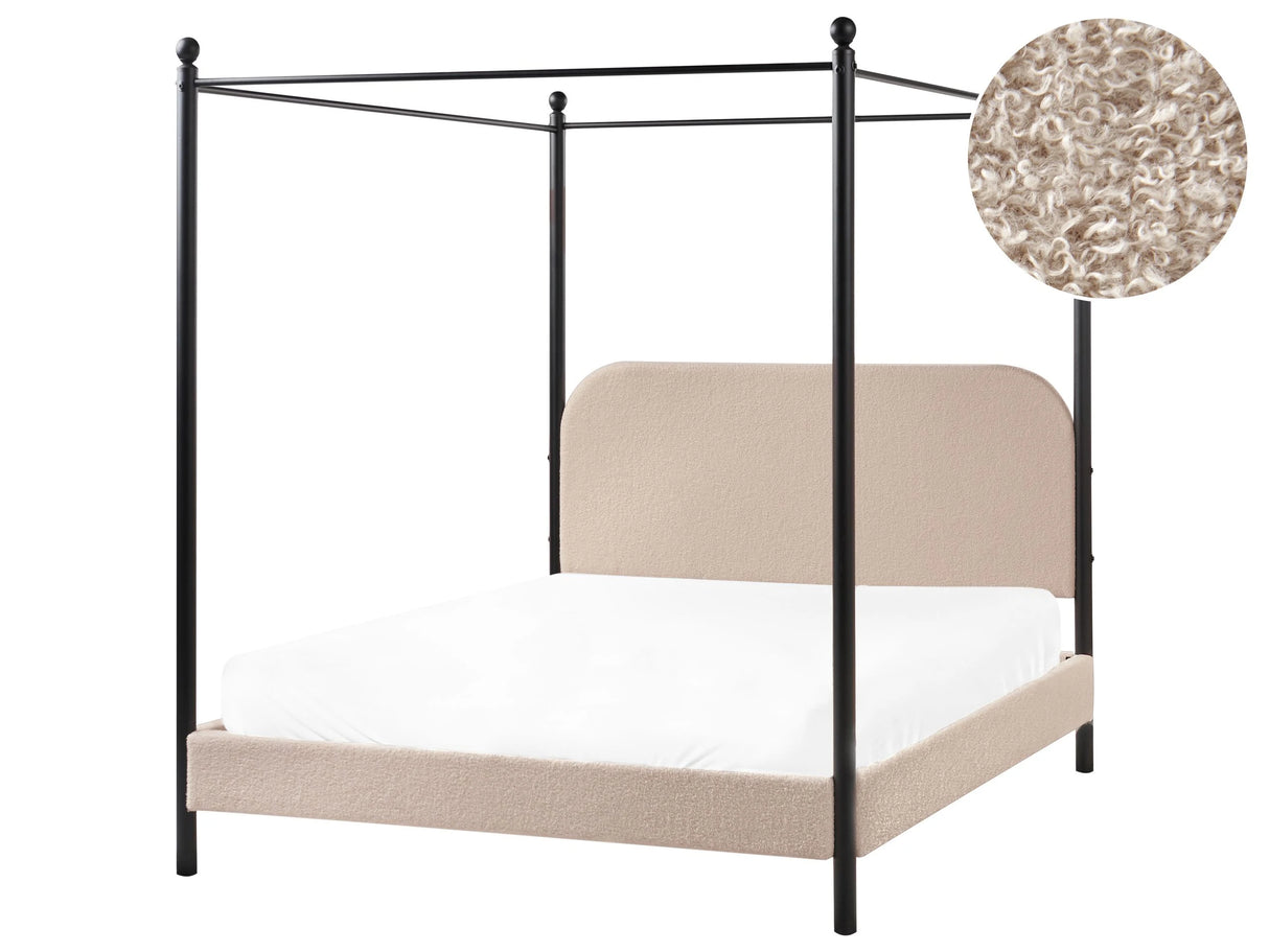 Canopy Bed Frame Black Metal Beige Taupe Upholstery 140 x 200 cm EU Double Size Retro Minimalist Beliani
