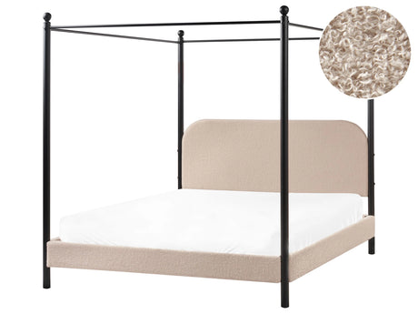 Canopy Bed Frame Black Metal Taupe Boucle Upholstery 160 x 200 cm EU King Size Retro Minimalist Beliani