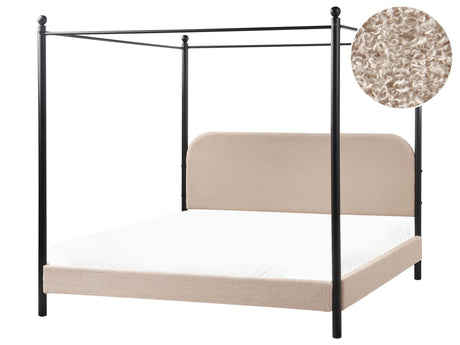 Canopy Bed Frame Black Metal Taupe Boucle Upholstery 180 x 200 cm EU Super King Size Retro Minimalist Beliani