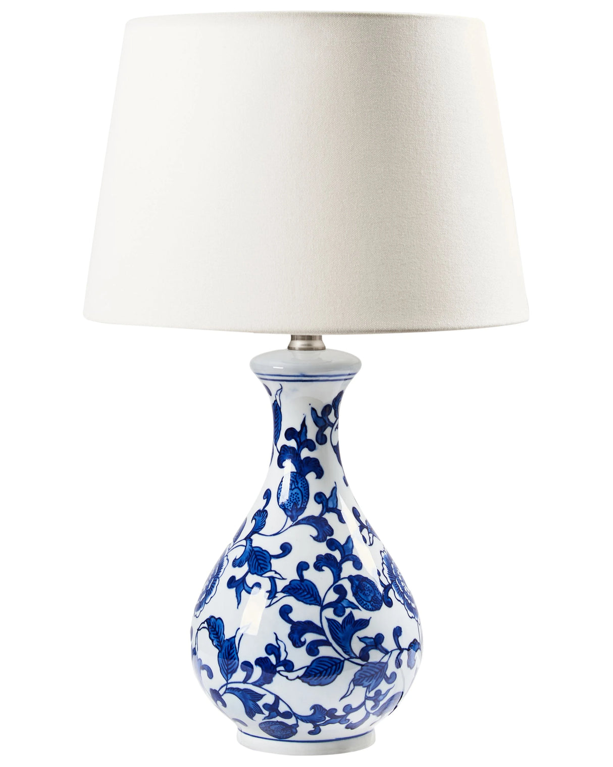 Table Lamp White and Blue Porcelain Base Linen Drum Shade with a Floral Patten Lighting Stylish Beliani