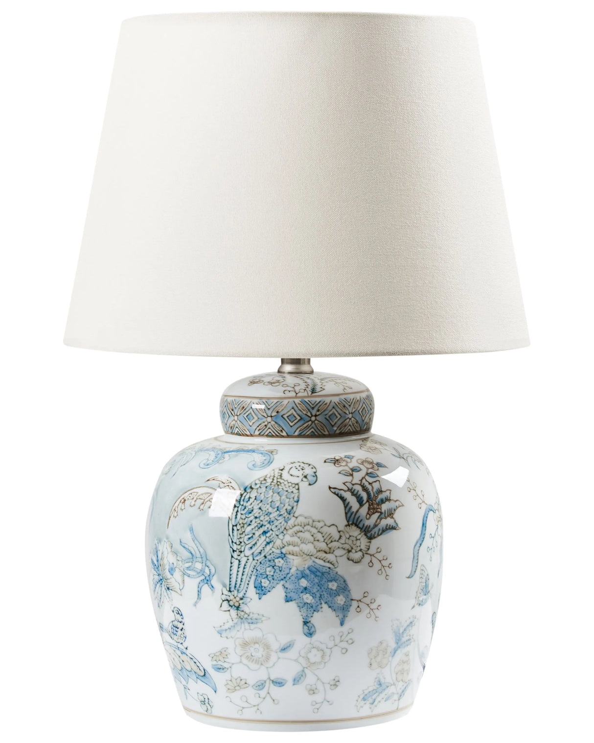 Table Lamp White and Blue Porcelain Base Drum-Shaped Linen Shade with a Pattern Beliani