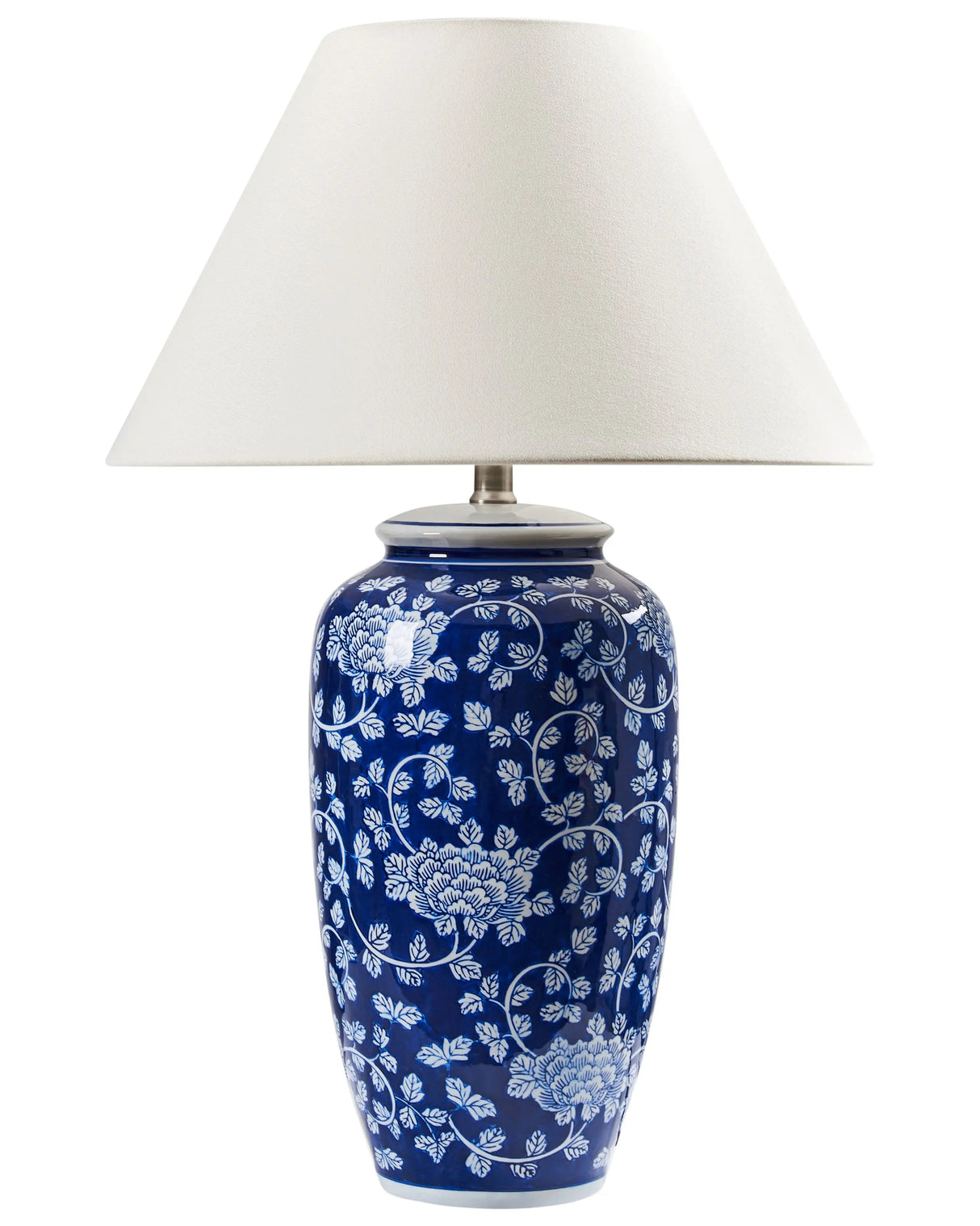 Table Lamp Blue and White Porcelain Base Linen Shade Drum-Shaped with a Floral Design Lighting Bedroom Living Room Beliani