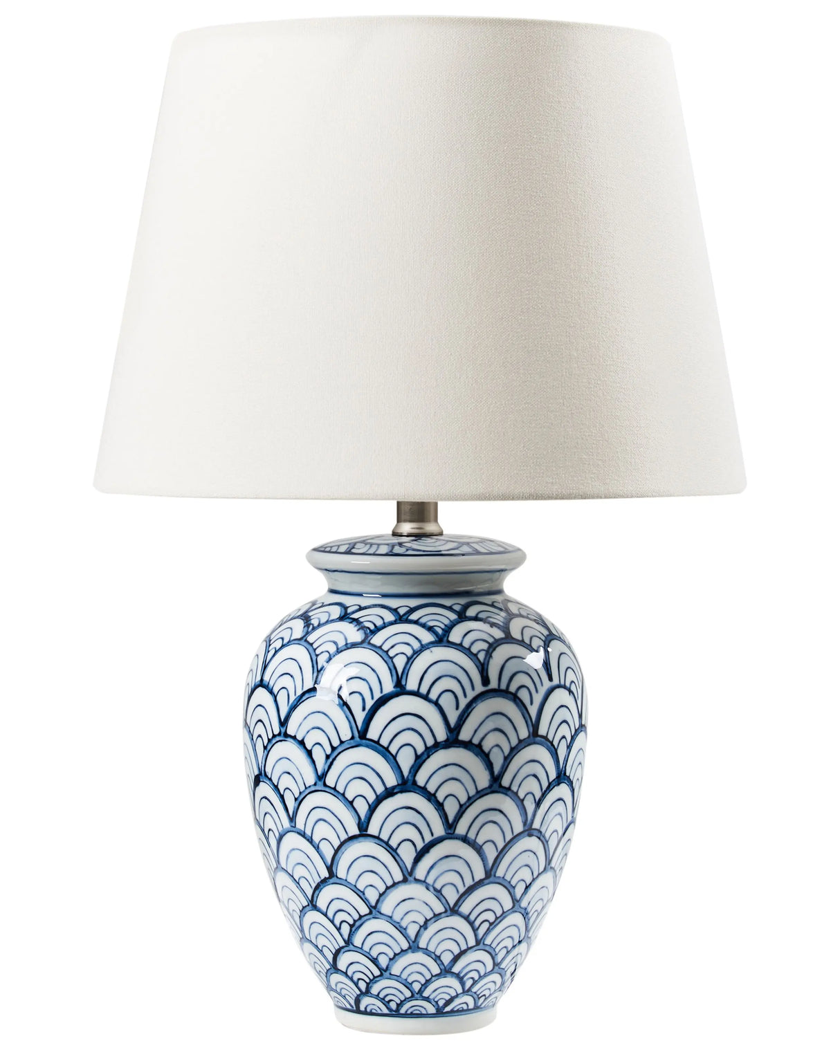 Table Lamp Blue and White Porcelain Base Linen Light Shade Adorned with a Pattern Lighting Living Room Bedroom Beliani