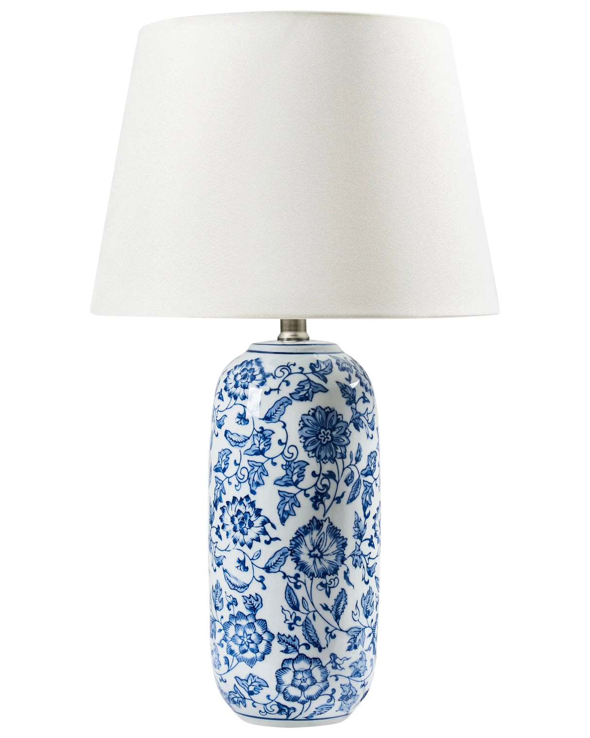 Table Lamp Blue and White Porcelain Base Linen Shade Adorned with Floral Pattern Living Room Bedroom Lighting Beliani