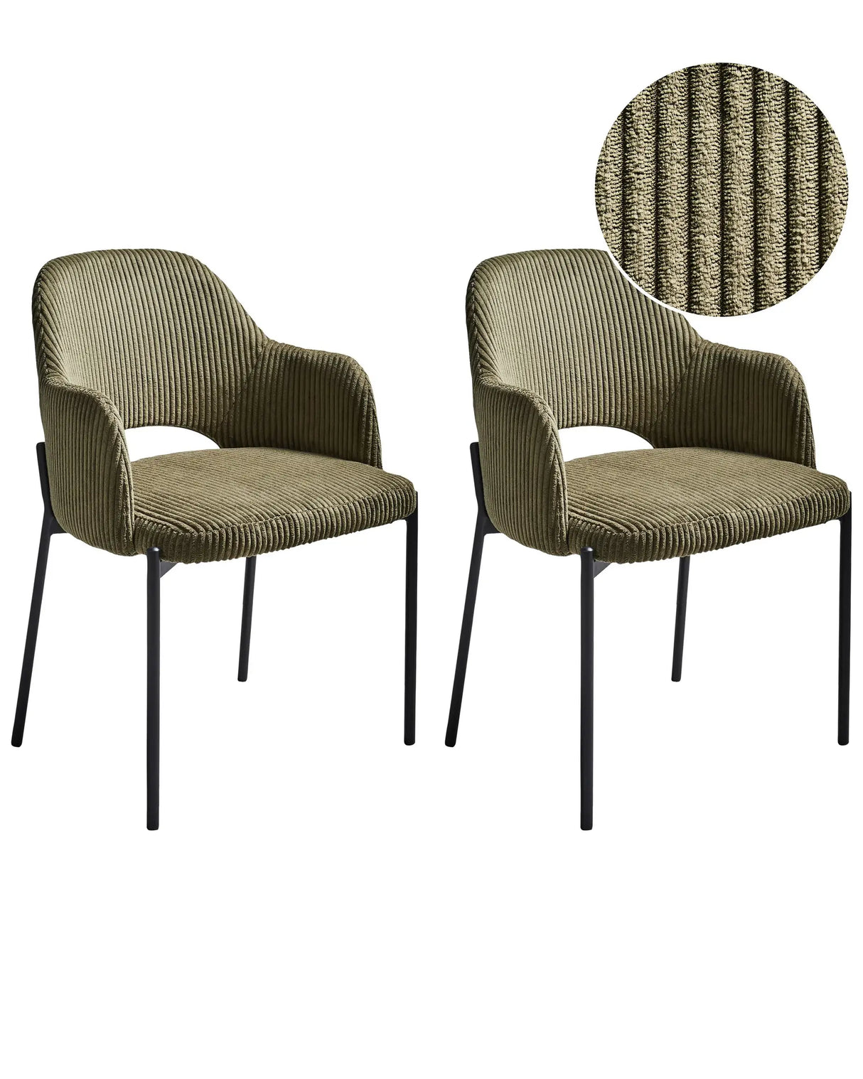 Set of 2 Dining Chairs Olive Green Green Corduroy Upholstery With Armrests Retro Beliani