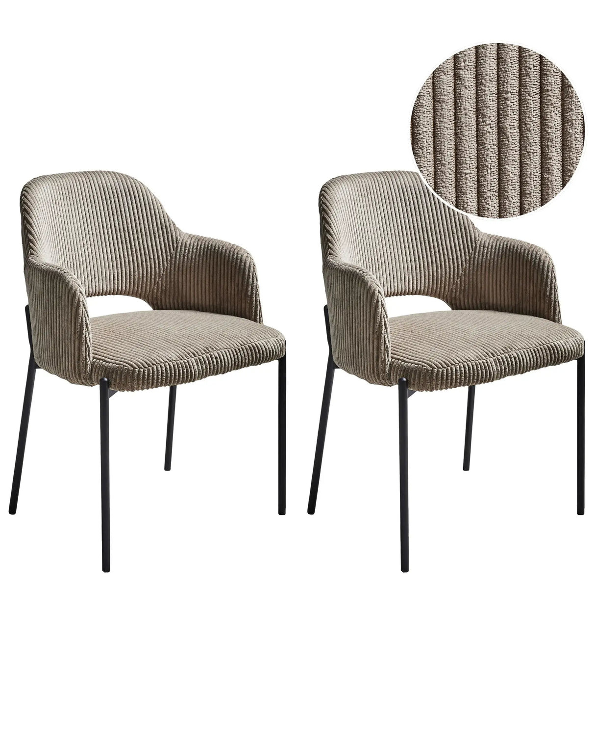 Set of 2 Dining Chairs Taupe Corduroy Upholstery With Armrests Retro Beliani