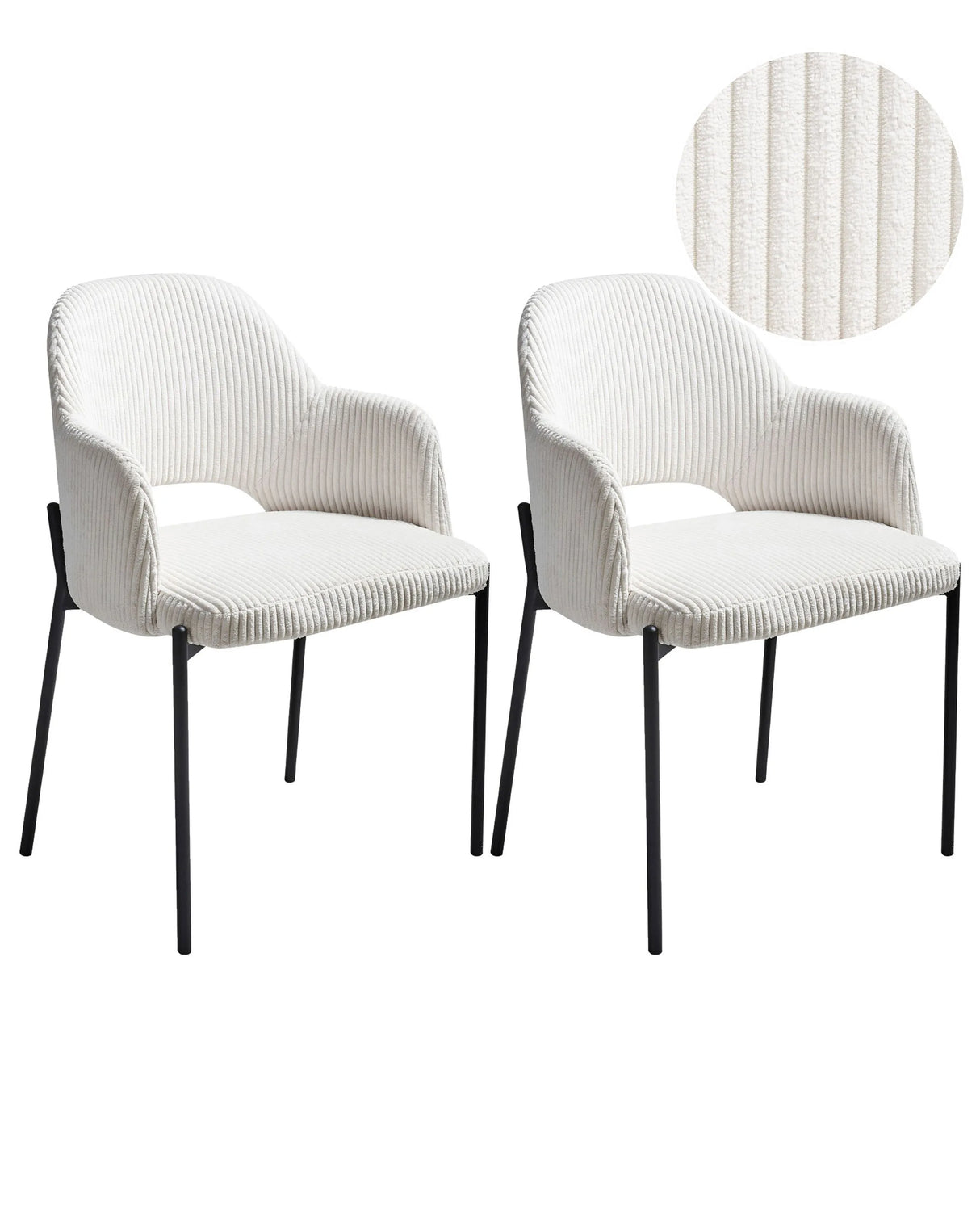 Set of 2 Dining Chairs Off-White Corduroy Upholstery With Armrests Retro Beliani