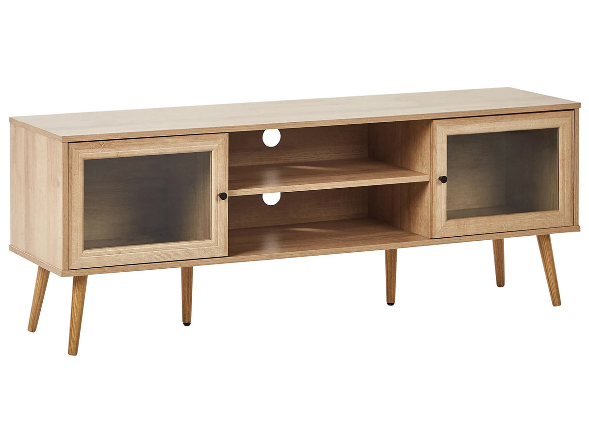 TV Stand Light Wood Particle Board Pine Wood Legs TV Cabinet Sideboard with Glass Doors Minimalist Style Beliani