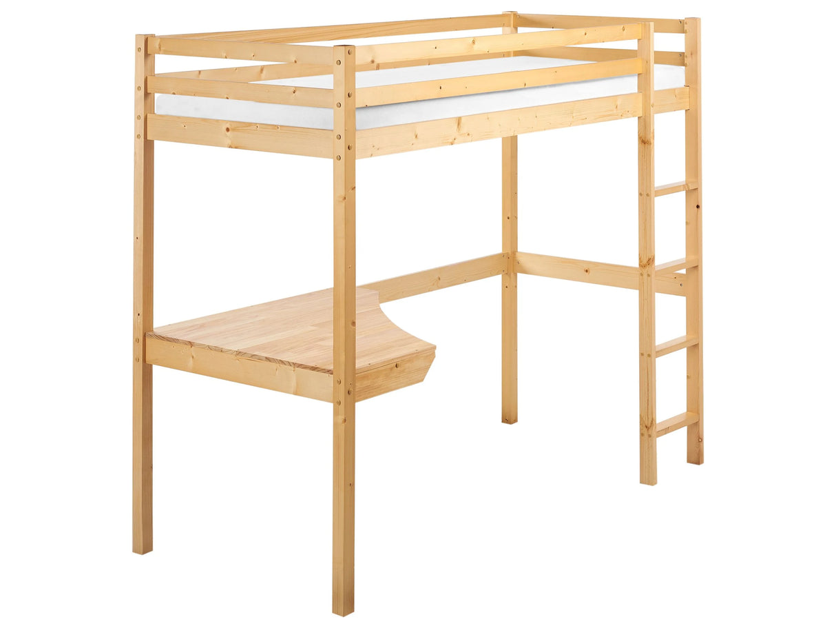 High Sleeper Kids Bed Light Brown Pine Wood EU Single Size 3ft with Slatted Frame with Desk Loft Cabin Bed Frame Beliani