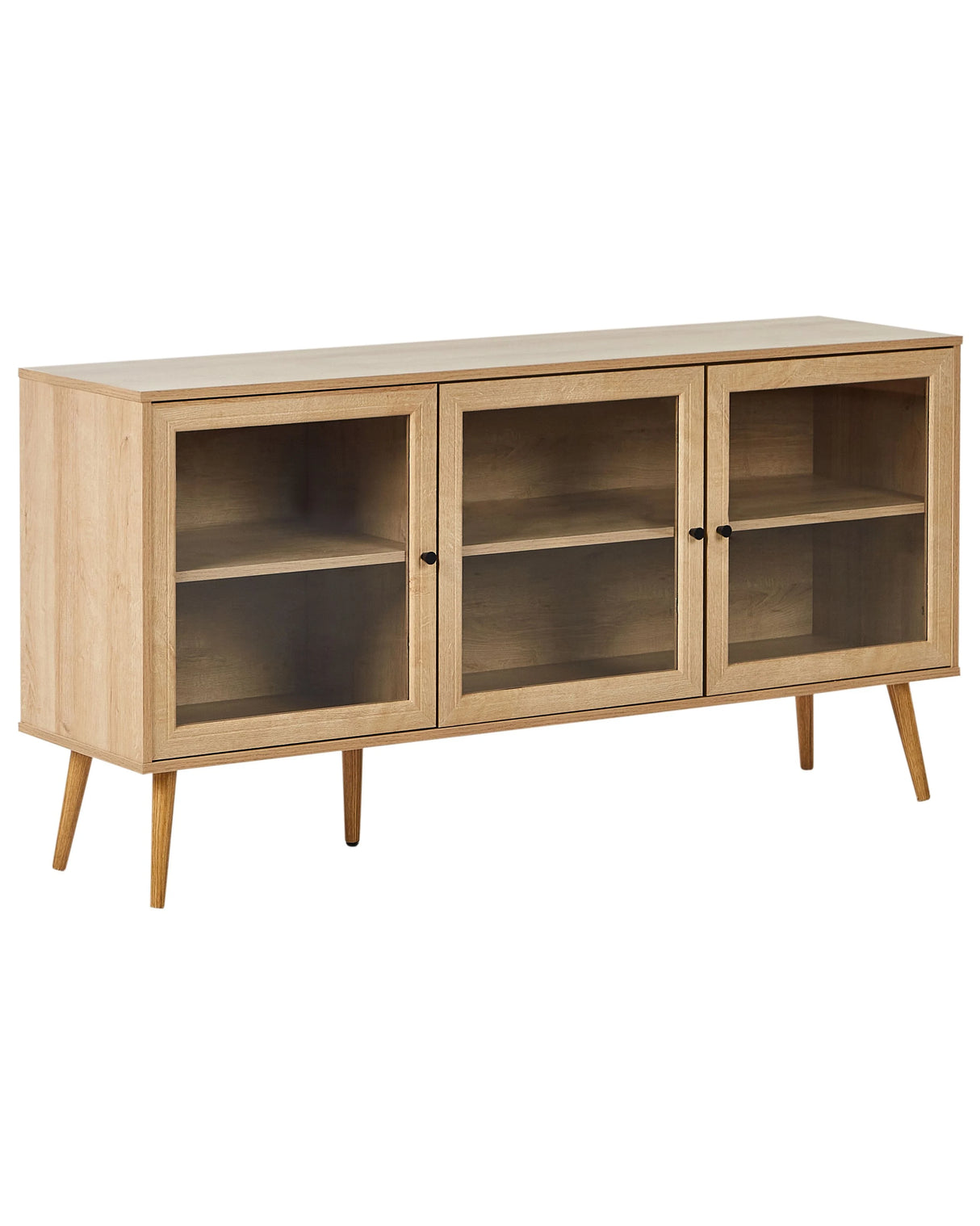 3 Door Sideboard Light Brown Particle Board Pine Wood Legs 2 Shelves with Glass Front Minimalist Style Beliani