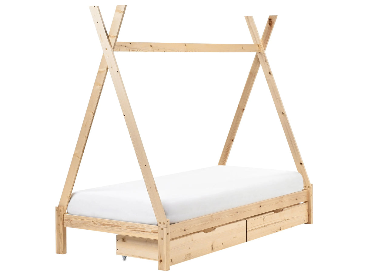 Kids Teepee Bed Light Wood Pine EU Single Bed Frame with Slats and Drawers Beliani