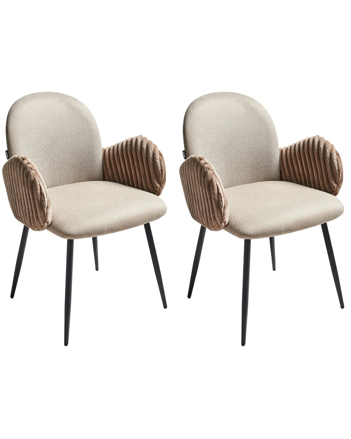 Set of 2 Dining Chairs Taupe Fabric Upholstery With Velvet Armrests Retro Beliani