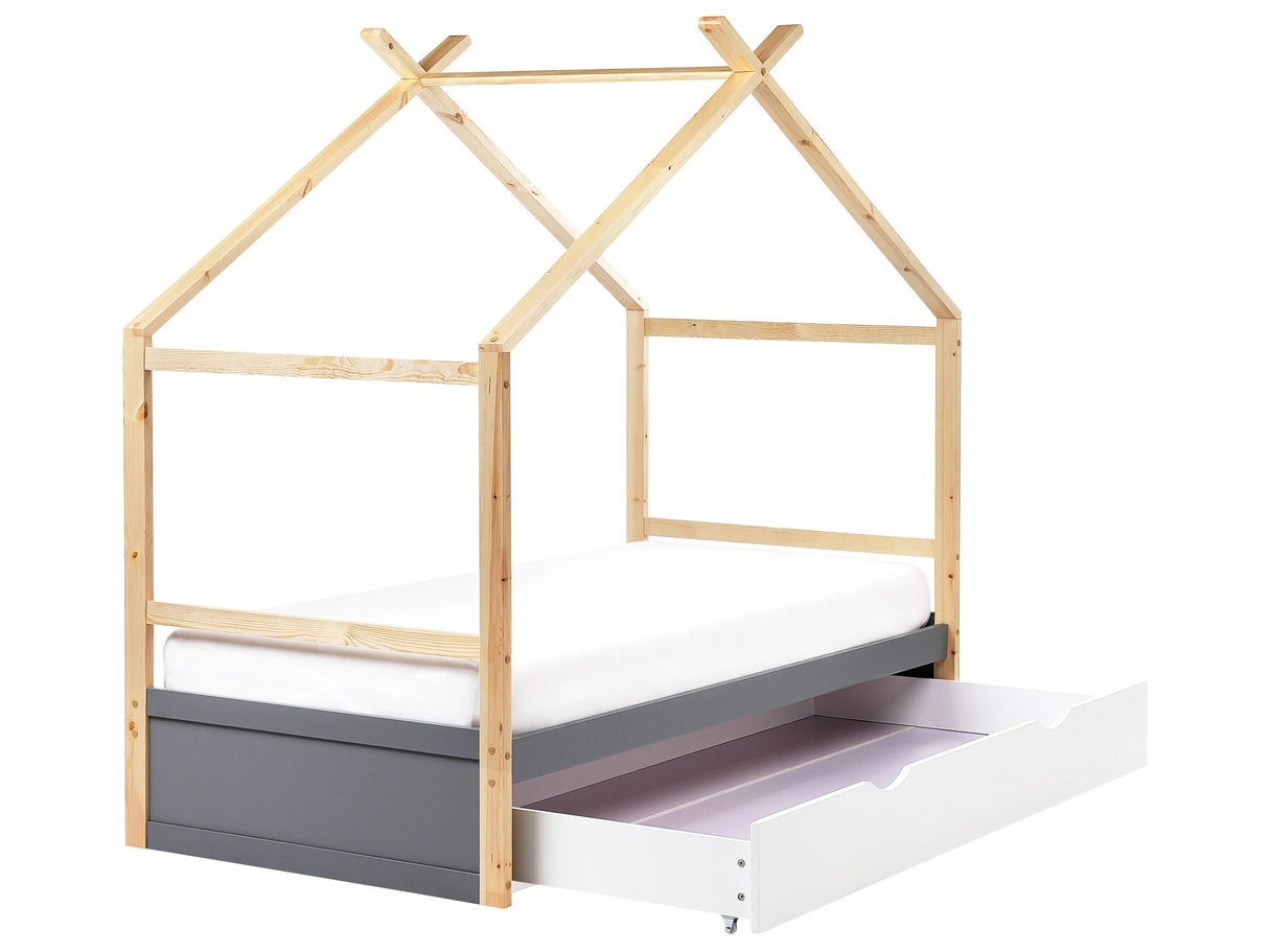 Kids House Bed Light with Grey and White Pine Wood EU Single Size 3ft with Slatted Frame Storage Drawer Bed for Toddler Beliani