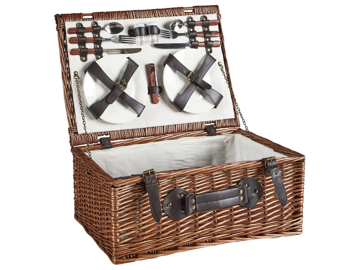 4 Person Picnic Hamper Brown Wicker with Cutlery Set Plates Wine Glasses and Cool Bag Washed Finish Beliani