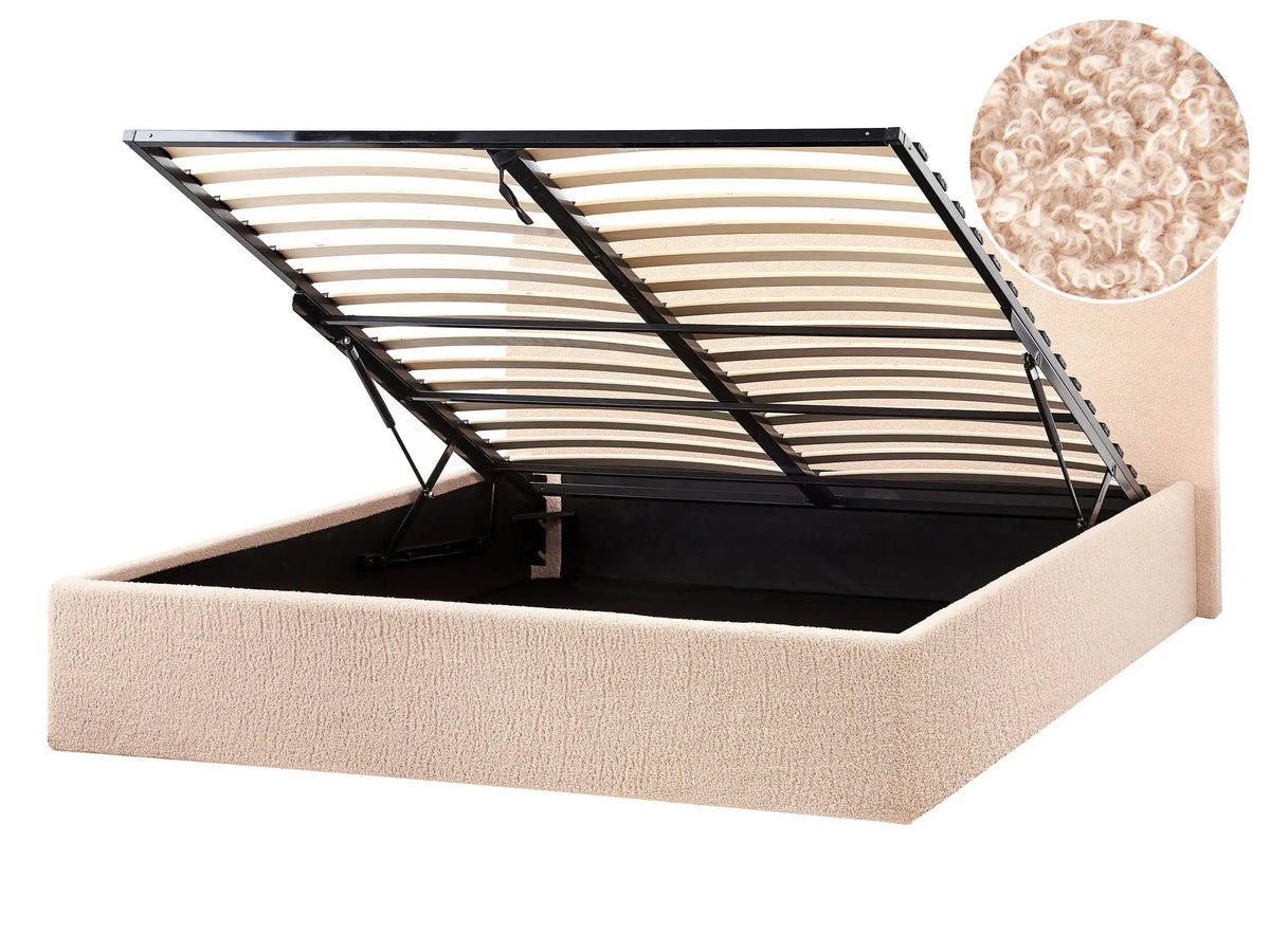 Bed Frame Beige Boucle EU Double Size 4ft6 Lift Up Storage with Headboard Beliani