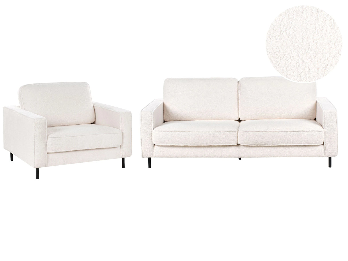 Sofa Set White Boucle Polyester 3 Seater Sofa Armchair Retro Living Room Design Beliani
