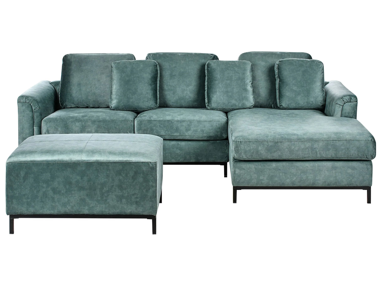 Velvet Corner Sofa with Ottoman Teal Blue Water-Repellent Pet-Friendly Fabric Upholstered L-Shape Left-Hand Orientation Beliani