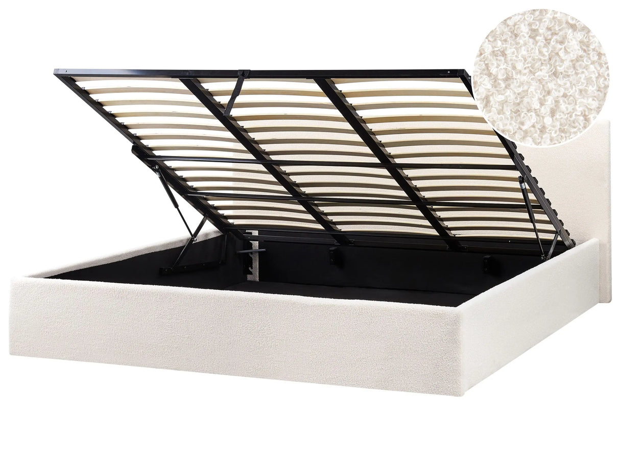 Bed Frame Off White Boucle EU Super King Size 6ft Lift Up Storage with Headboard Beliani