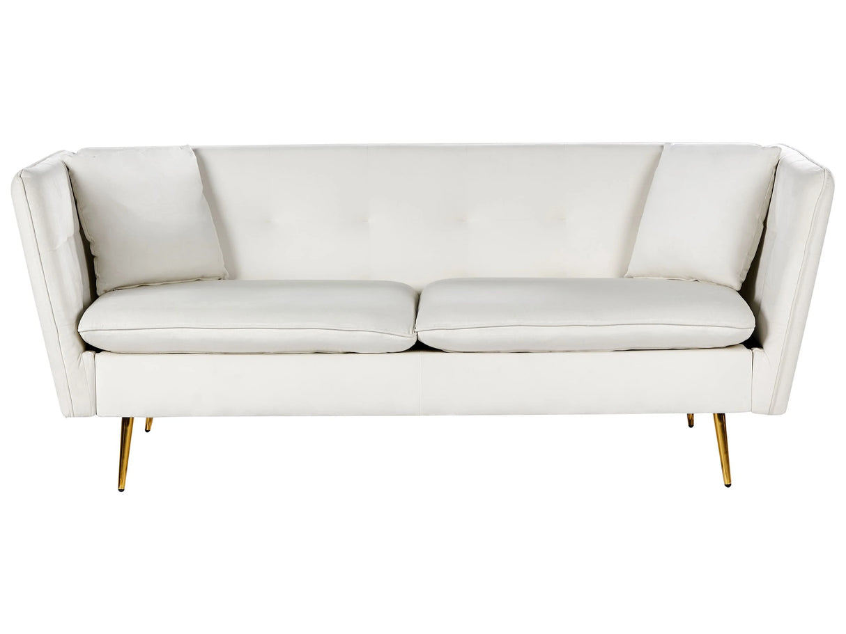 3 Seater Sofa Off-White Velvet Fabric Upholstery Button Tufted with Gold Legs Beliani