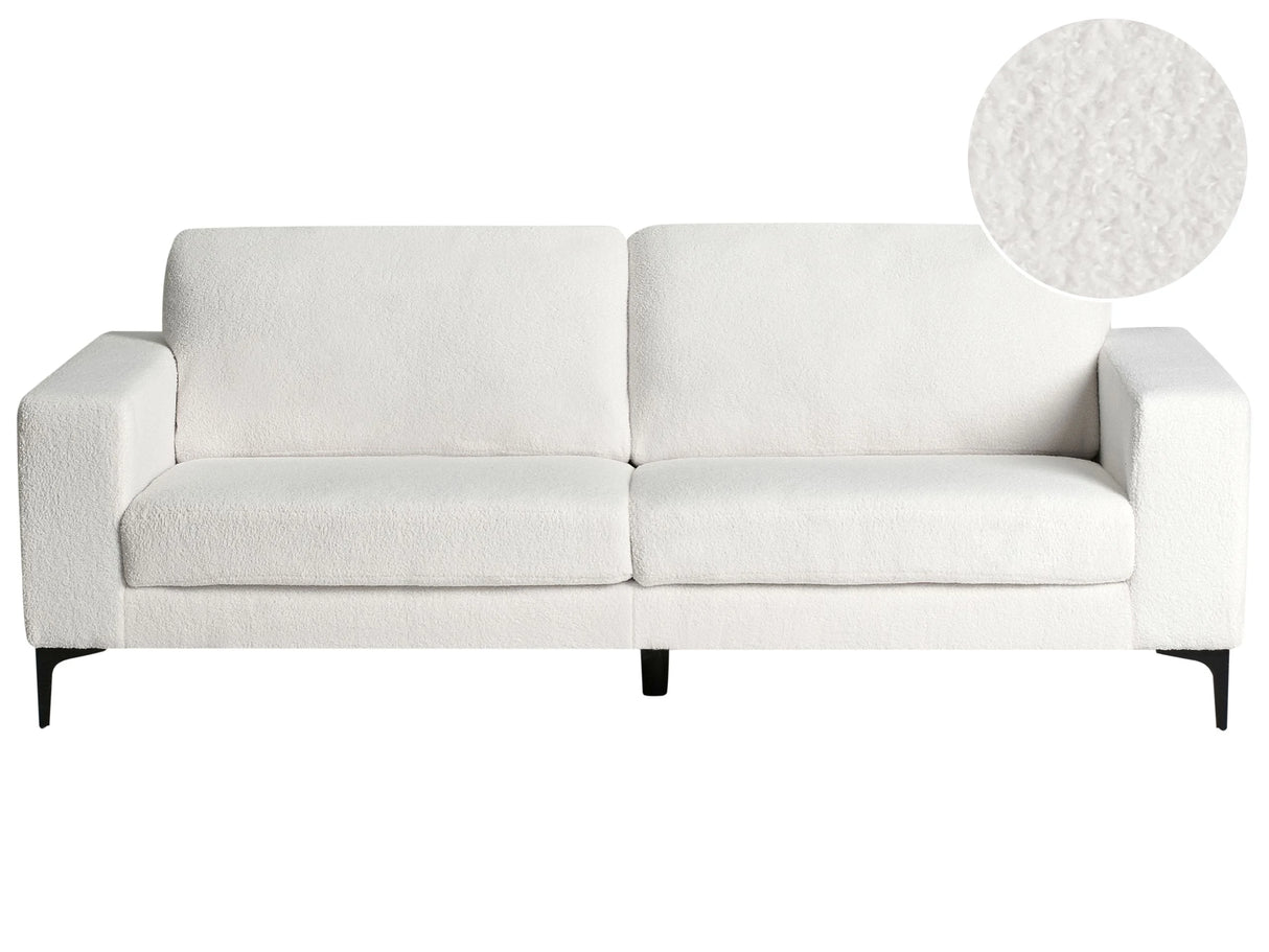 Sofa Off-White Boucle Fabric Upholstered 3 Seater with Track Arms Black Metal Legs Modern Living Room Beliani