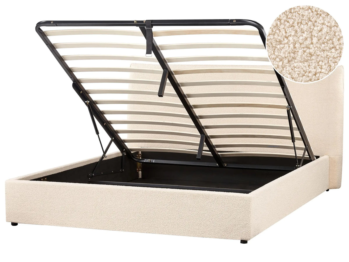 Ottoman Bed Beige Boucle Upholstery EU King Size 5ft3 Large Classic Headboard Storage Function Wooden Slats Beliani