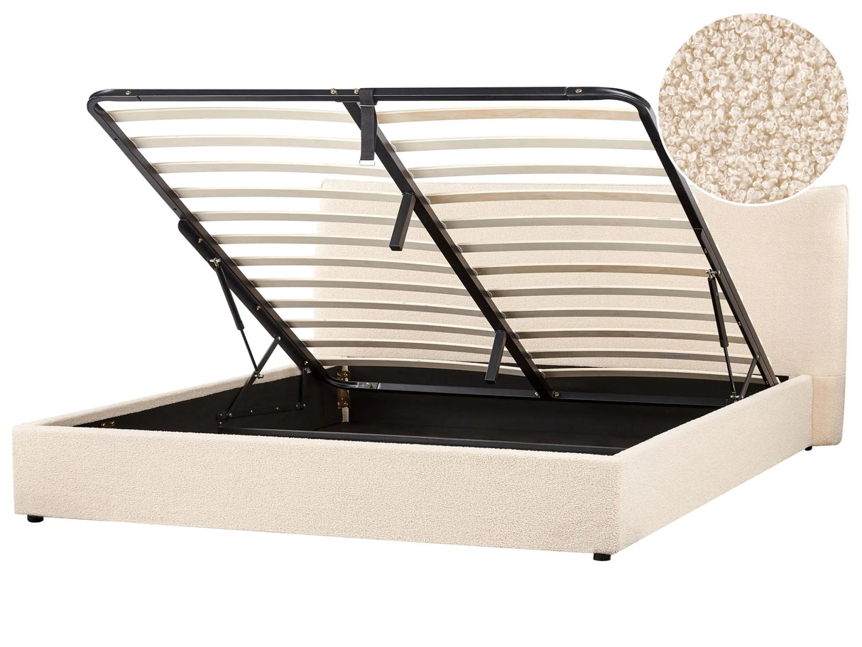 Ottoman Bed Beige Boucle Upholstery EU Super King Size 6ft Large Classic Headboard Storage Function Wooden Slats Beliani