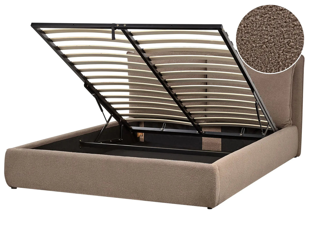 EU King Size Ottoman Bed Brown Boucle Fabric 5ft3 Upholstered Frame Cushion Back Storage Cosy Bedroom Modern Beliani