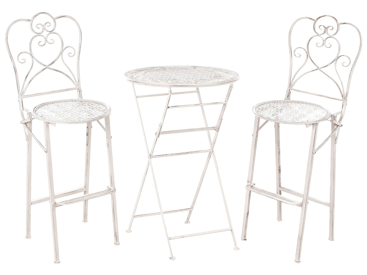 Garden Bar Set Light Beige Iron Foldable Distressed Metal 2 Chairs Table Outdoor UV Rust Resistance French Retro Style Beliani