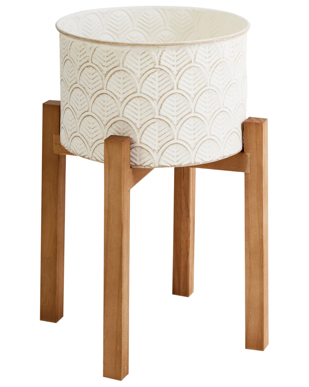 Plant Stand Off-White Iron Wooden Legs 20 x 20 x 32 cm Indoor Outdoor Metal Flower Pot Boho Standing Planter Beliani