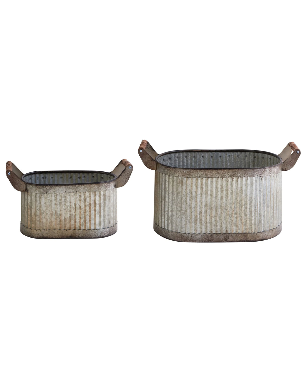 Set of 2 Plant Pots Grey Distressed Effect Iron Wooden Handles Indoor Outdoor with Plastic Industrial Style Beliani