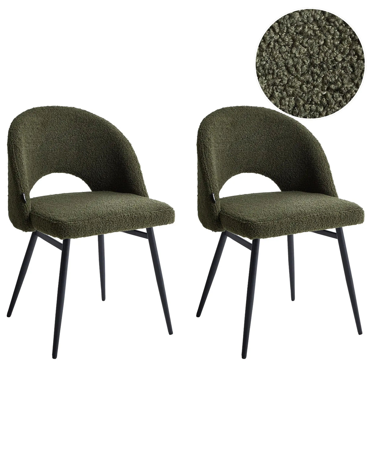 Set of 2 Dining Chairs Dark Green Boucle Upholstery Cut-Out Backrest Black Metal Legs Modern Design Beliani