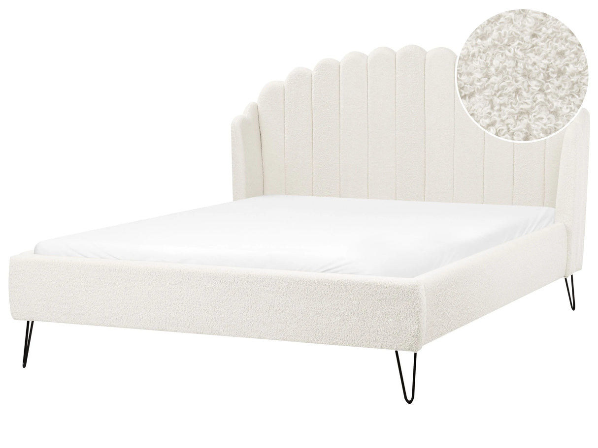 Bed Frame Off White Boucle Upholstery EU Double Size 4ft6 Metal Legs Retro Design Chanell Shell Headboard Beliani