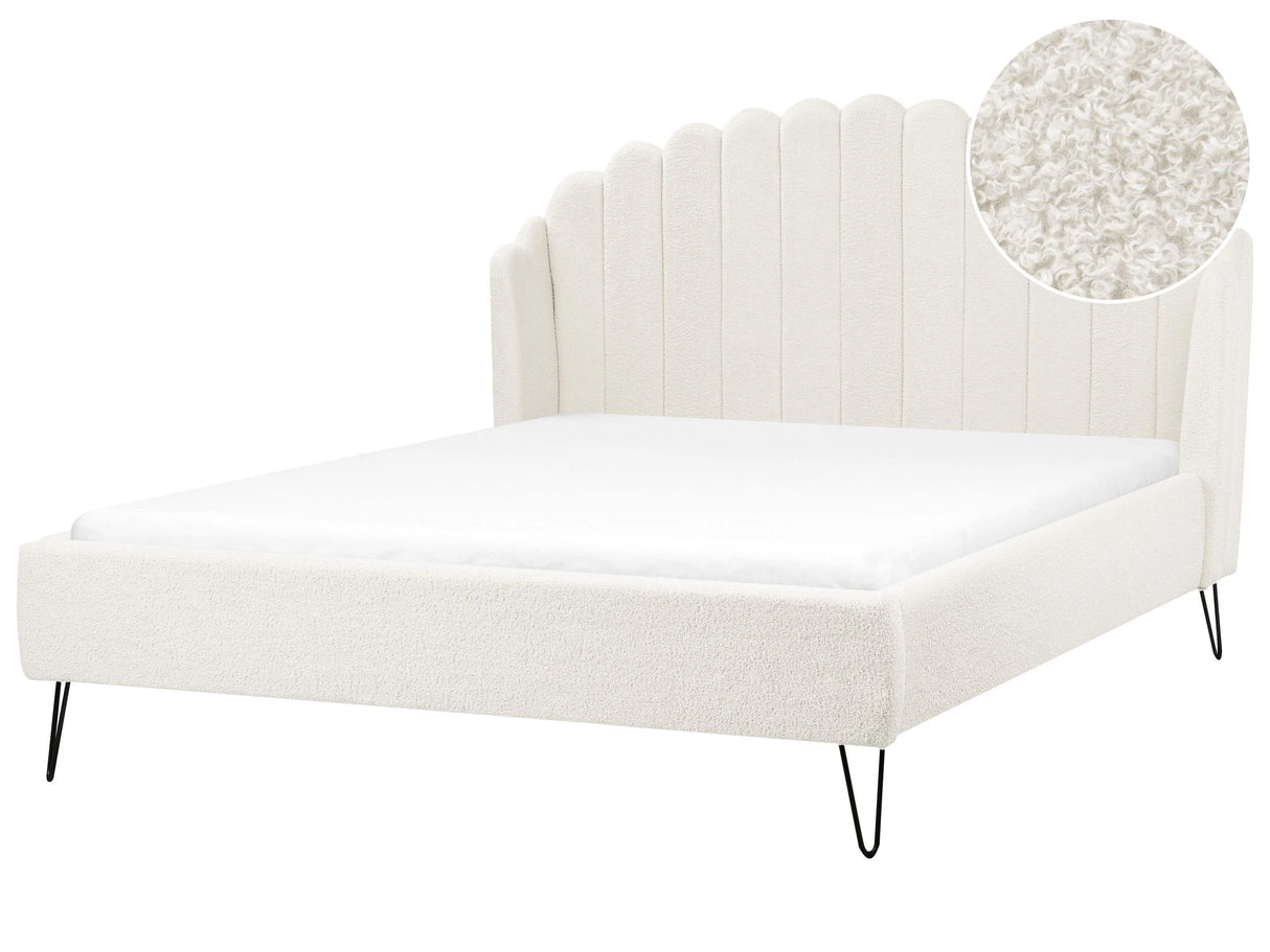 Bed Frame Off-White Boucle Upholstery EU King Size 5ft3 Metal Legs Retro Design Chanell Shell Headboard Beliani