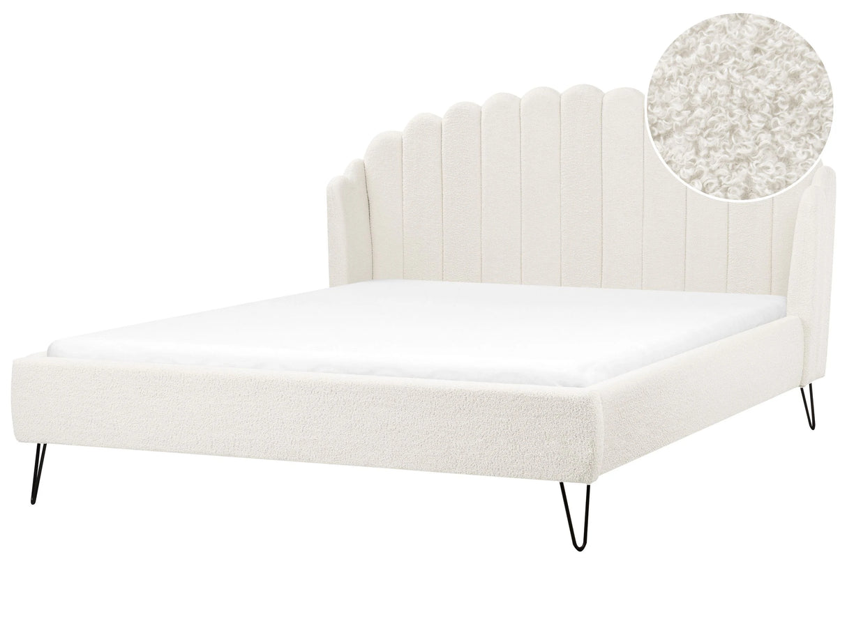 Bed Frame Off White Boucle Upholstery EU Super King Size 6ft Metal Legs Retro Design Chanell Shell Headboard Beliani