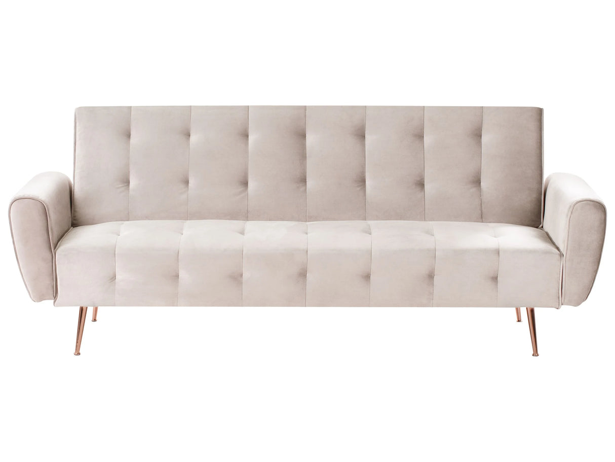 Sofa Bed Light Beige Velvet 3-Seater Sleeper Couch with Side Pocket Metal Legs Upholstered Back Tufted Modern Beliani