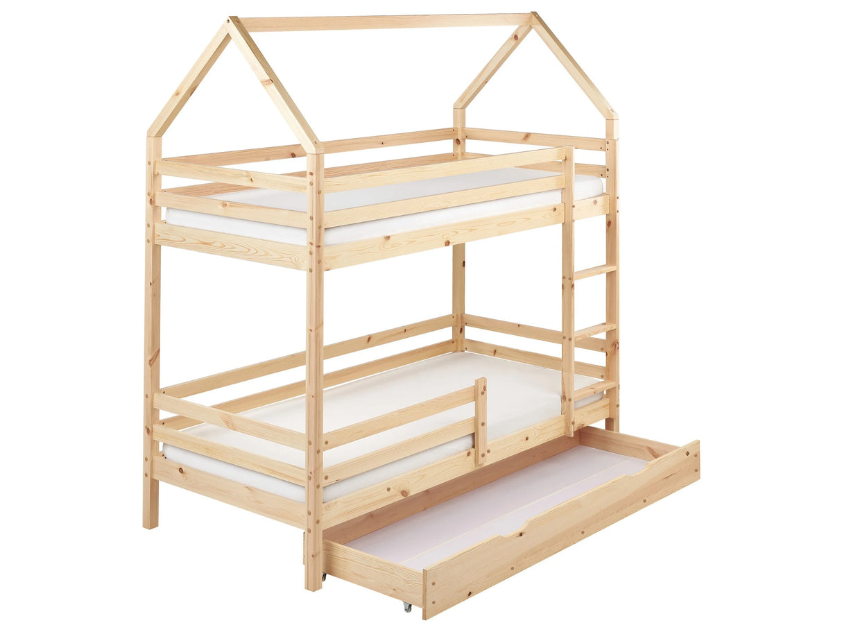 Double Bunk Bed with Storage Light Brown Pine Wood EU Single Size 3ft High Sleeper Children Kids Bedroom Beliani